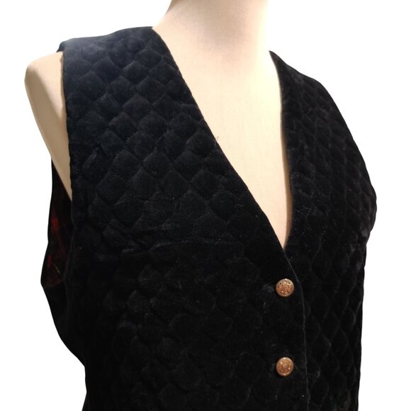 Vintage Talbots M Petite Black Velvet Vest Quilted Front Gold Button Plaid Lined - Picture 2 of 10